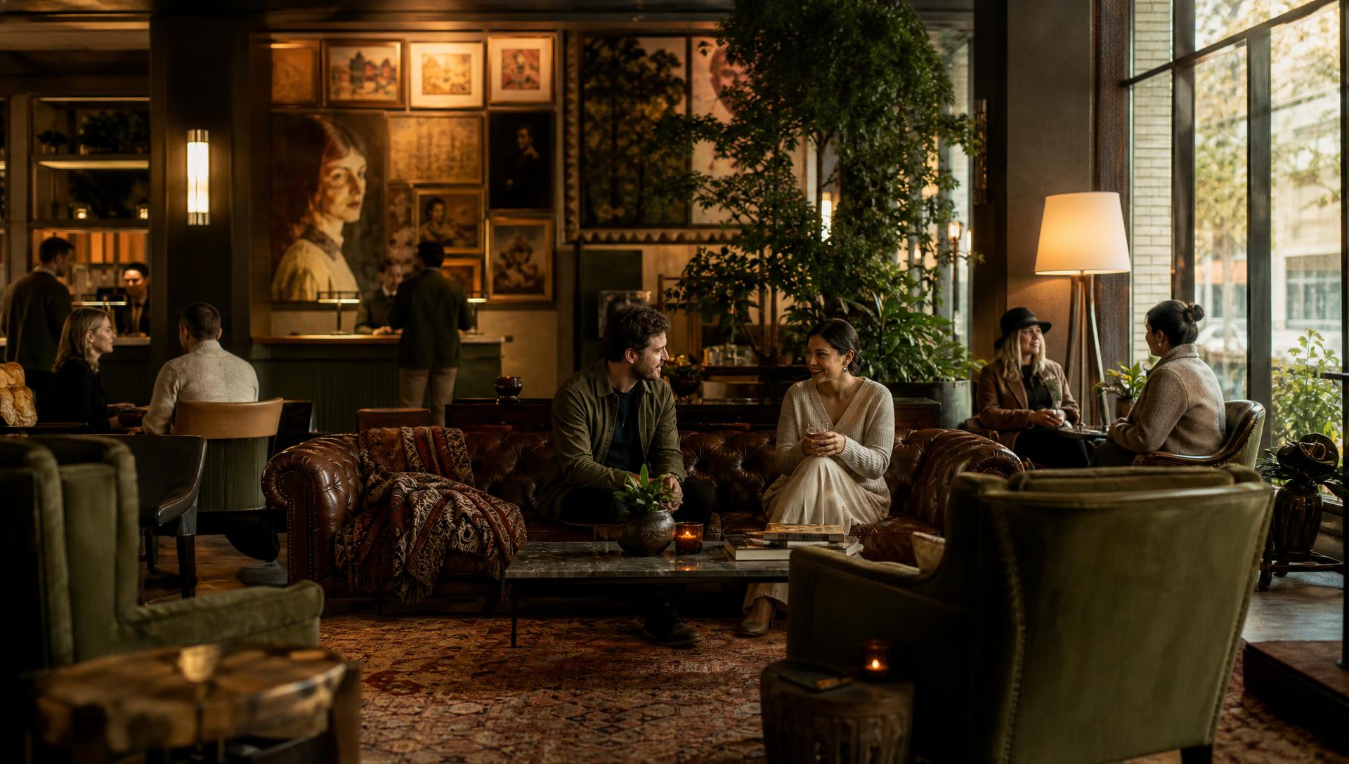 Warm hotel lounge with guests in conversation at golden hour