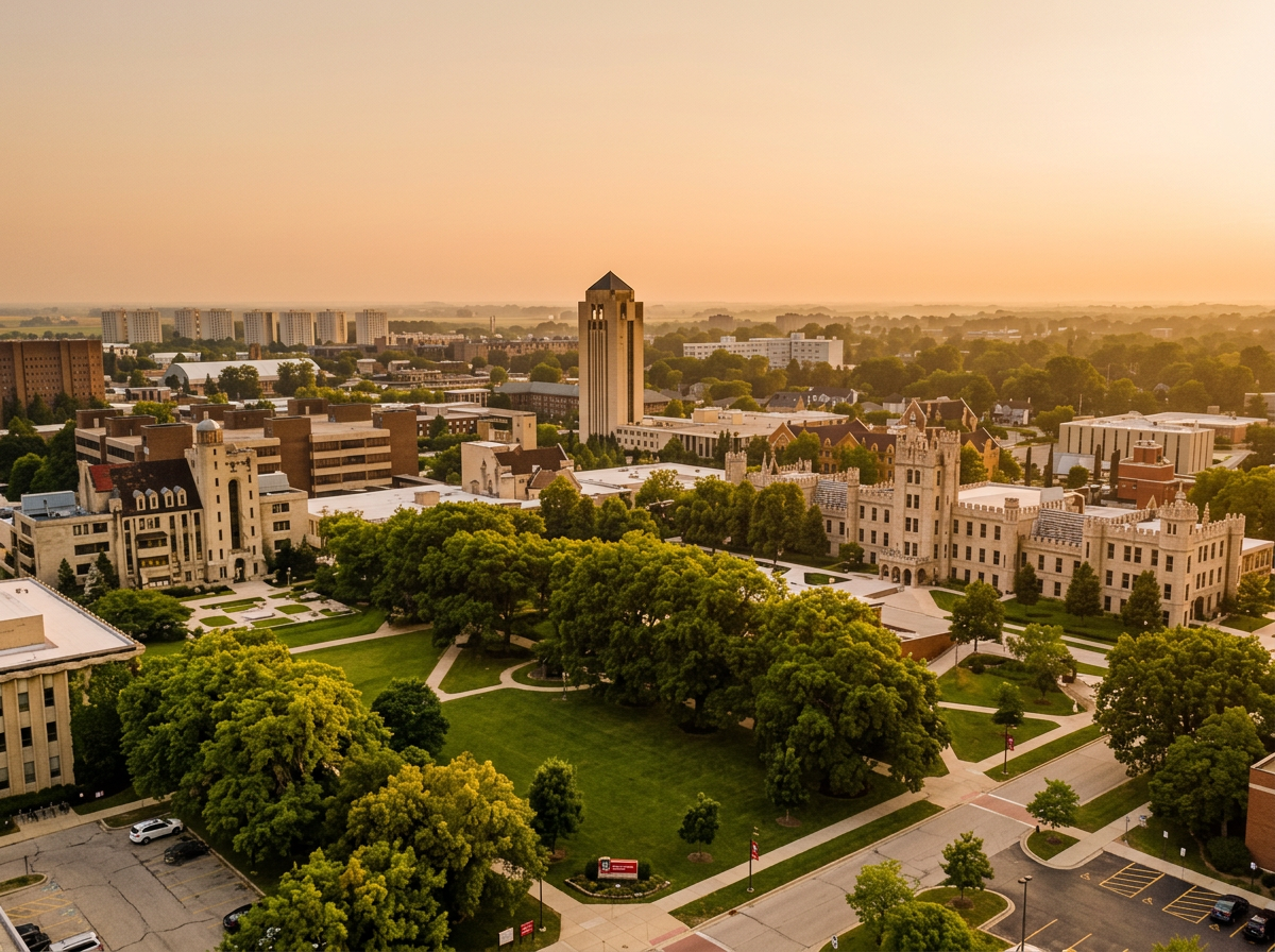 Aerial view of the Northern Illinois University campus in DeKalb, Illinois at golden hour